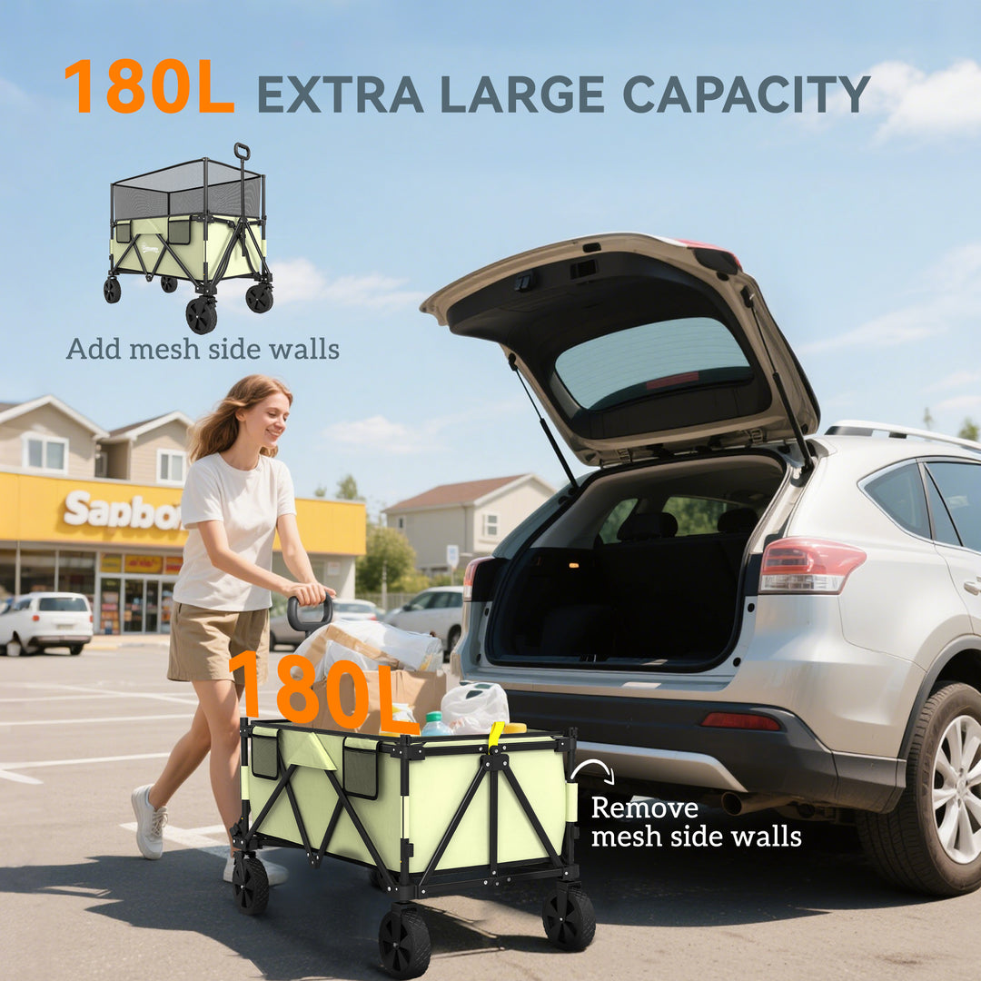 Folding Garden Trolley, 180L Wagon Cart with Extendable Side Walls, for Beach, Camping, Festival, Green