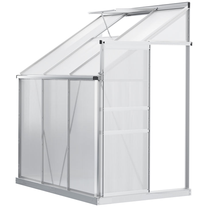 Outsunny Walk-In Greenhouse Lean to Wall Polycarbonate Garden Greenhouse with Adjustable Roof Vent, Rain Gutter and Sliding Door, 6 x 4 ft