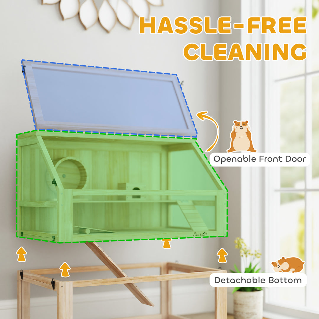 MCL Wooden Hamster Cage with Detachable 31cm Deep Bottom, Hut, Seesaw, Exercise Wheel, Ramp, 80 x 50 x 76cm, Natural