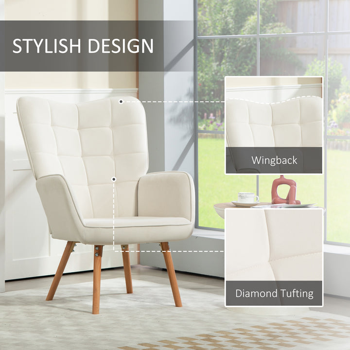 HOMCOM Modern Accent Chair, Upholstered Tufted Wingback Armchair with Seat Padding, Velvet Leisure Lounge Bedroom Chair with Wood Legs, Cream White