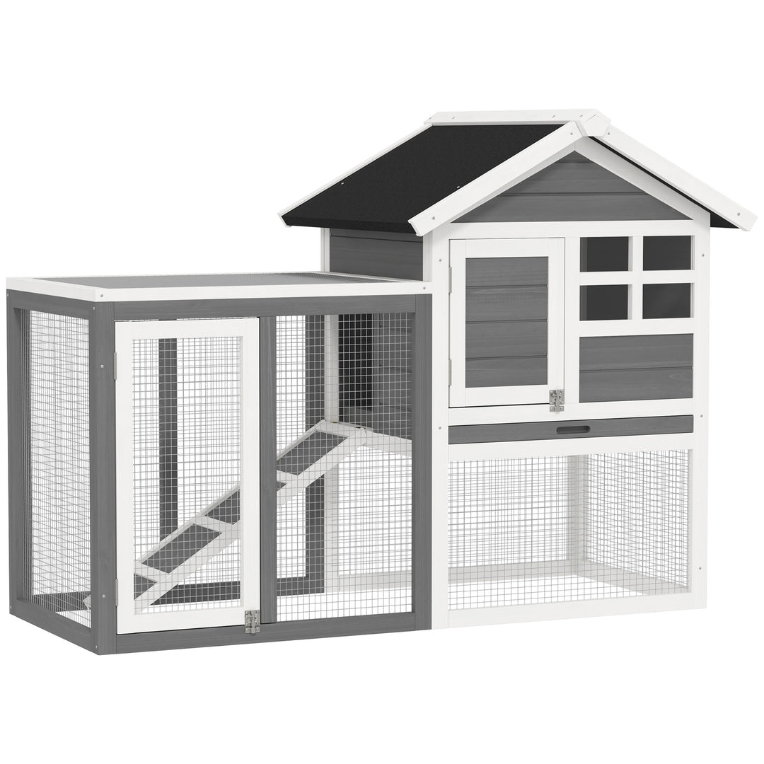 Rabbit Hutch Outdoor Wooden Guinea Pig Hutch Rabbit Run Bunny Cage Small Animal House Pull-Out Tray, Grey, 122 x 62.6 x 92 cm