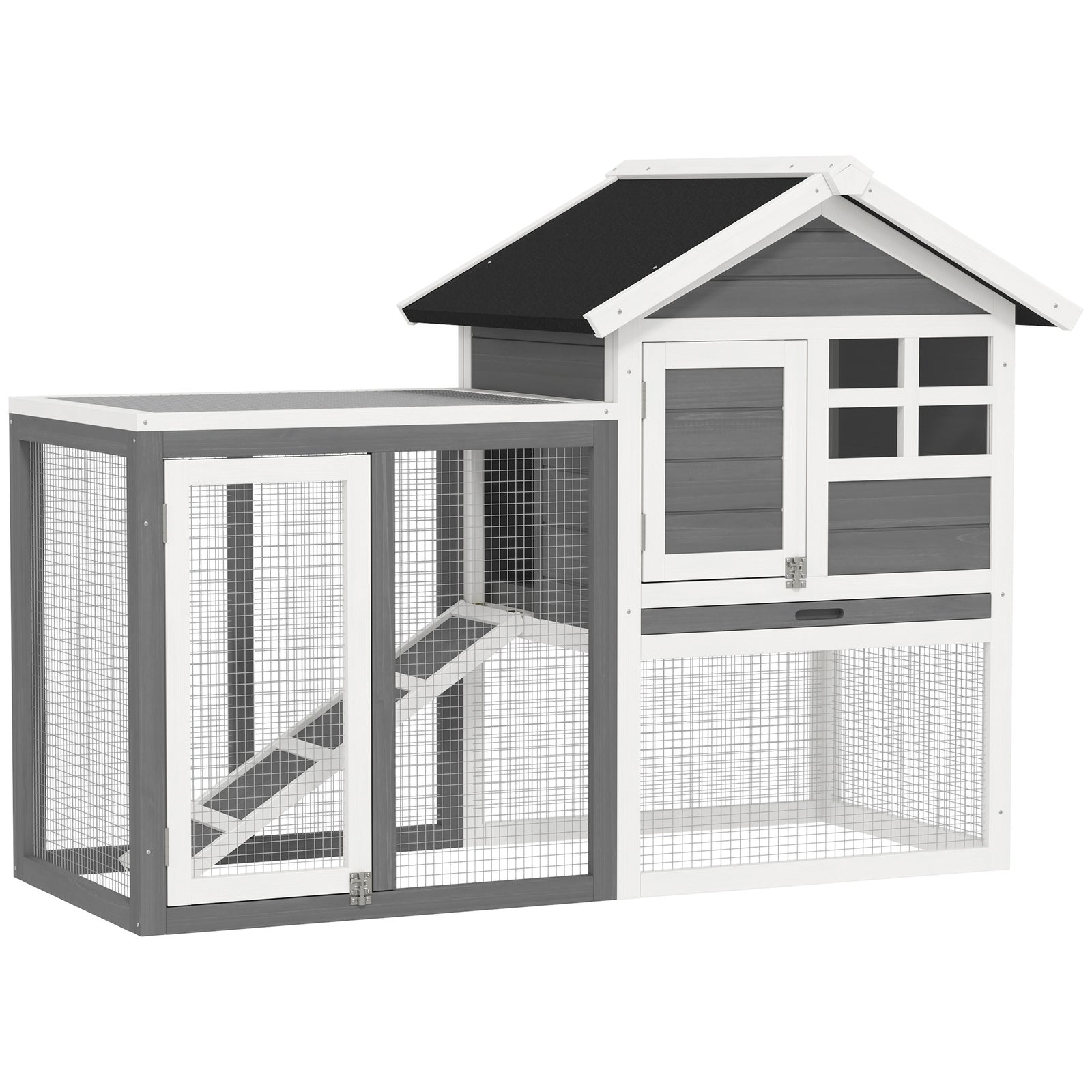Rabbit Hutch Outdoor Wooden Guinea Pig Hutch Rabbit Run Bunny Cage Small Animal House Pull-Out Tray, Grey, 122 x 62.6 x 92 cm