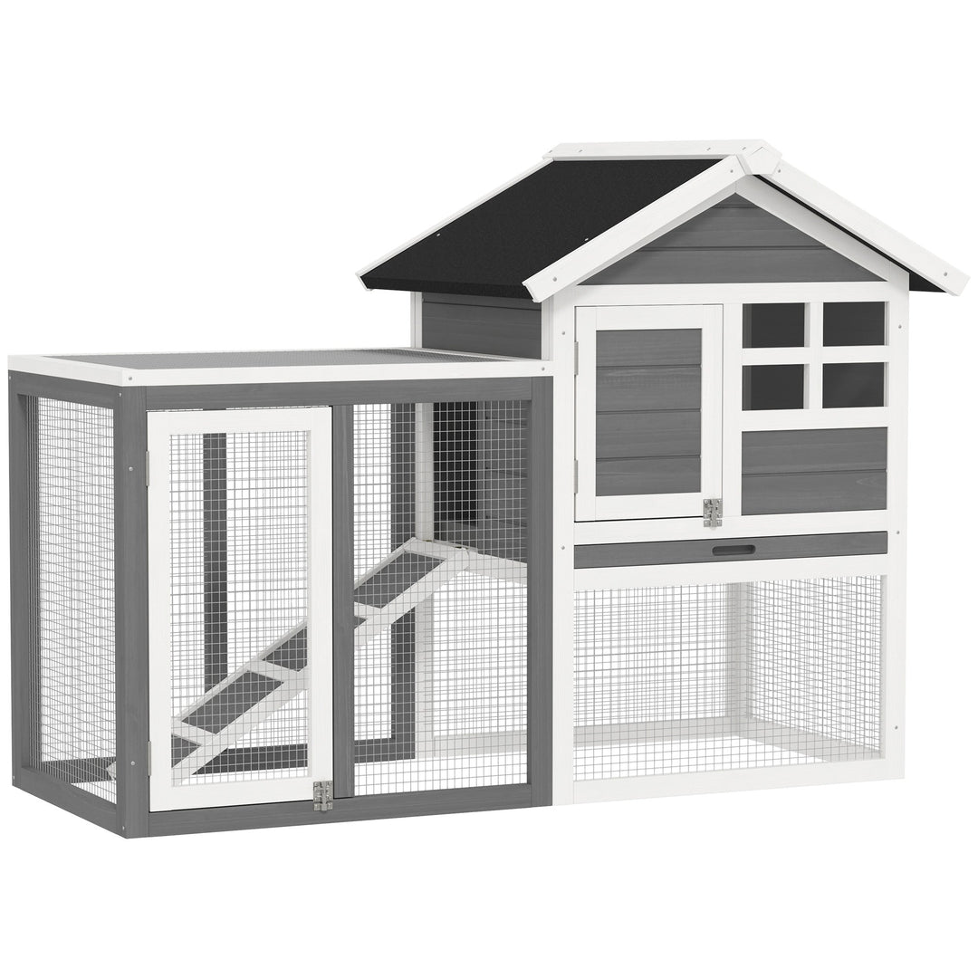 Rabbit Hutch Outdoor Wooden Guinea Pig Hutch Rabbit Run Bunny Cage Small Animal House Pull-Out Tray, Grey, 122