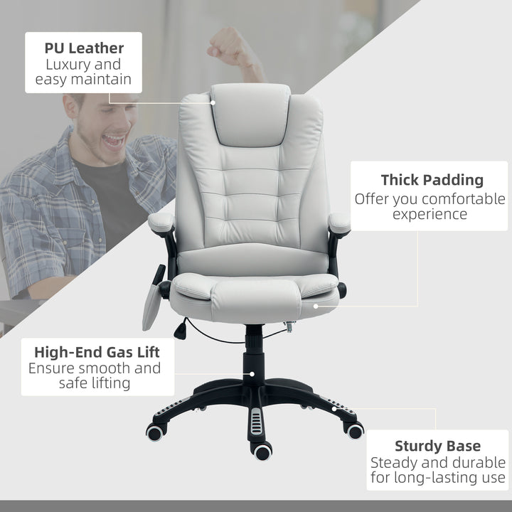 6-Point Massage Office Chair with Seat Heated for Home Office, PU Leather High Back Executive Desk Chair with Adjustable Height and 360° Swivel for Work Study, Light Grey