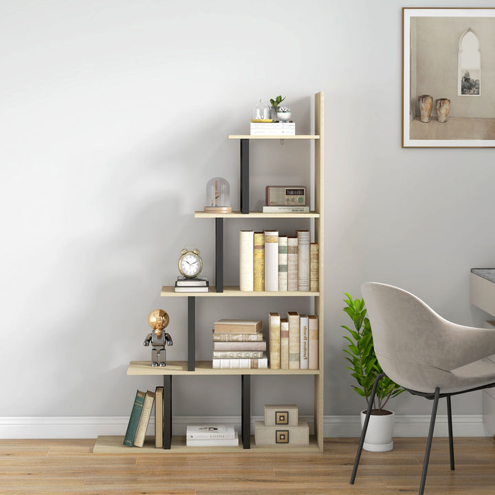 5-Tier Bookcase, Wooden Ladder Bookshelf Display Stand, Oak