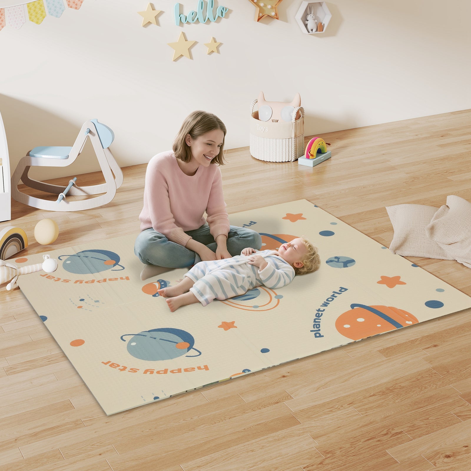 AIYAPLAY Space-Themed Baby Plat Mat Double Sided, Foldable, Water-Resistant for Outdoor/Indoor, 177 x 146 x 1.5cm