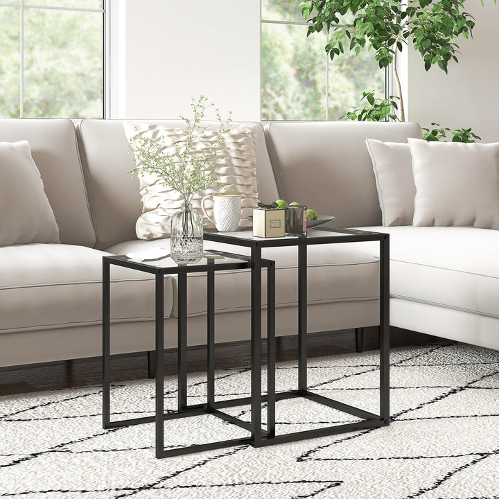 Nesting Tables Set of 2, Side End Table with Tempered Glass Top and Steel Frame for Living Room, Bedroom, Black