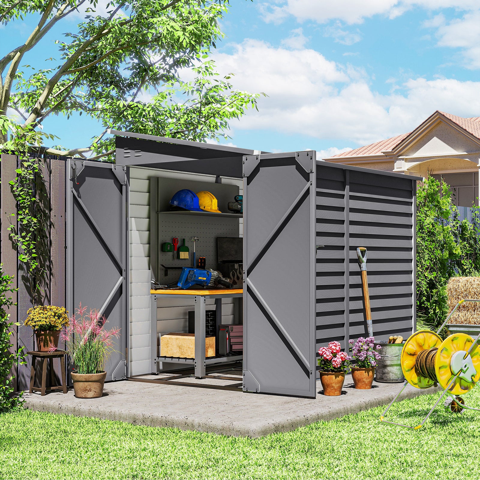 5 x 9ft Galvanised Metal Garden Shed with Foundation Kit, Outdoor Lean-to Shed, Tool Storage House with Lockable Doors, Gloves and 2 Air Vents for Patio, Garden, Grey