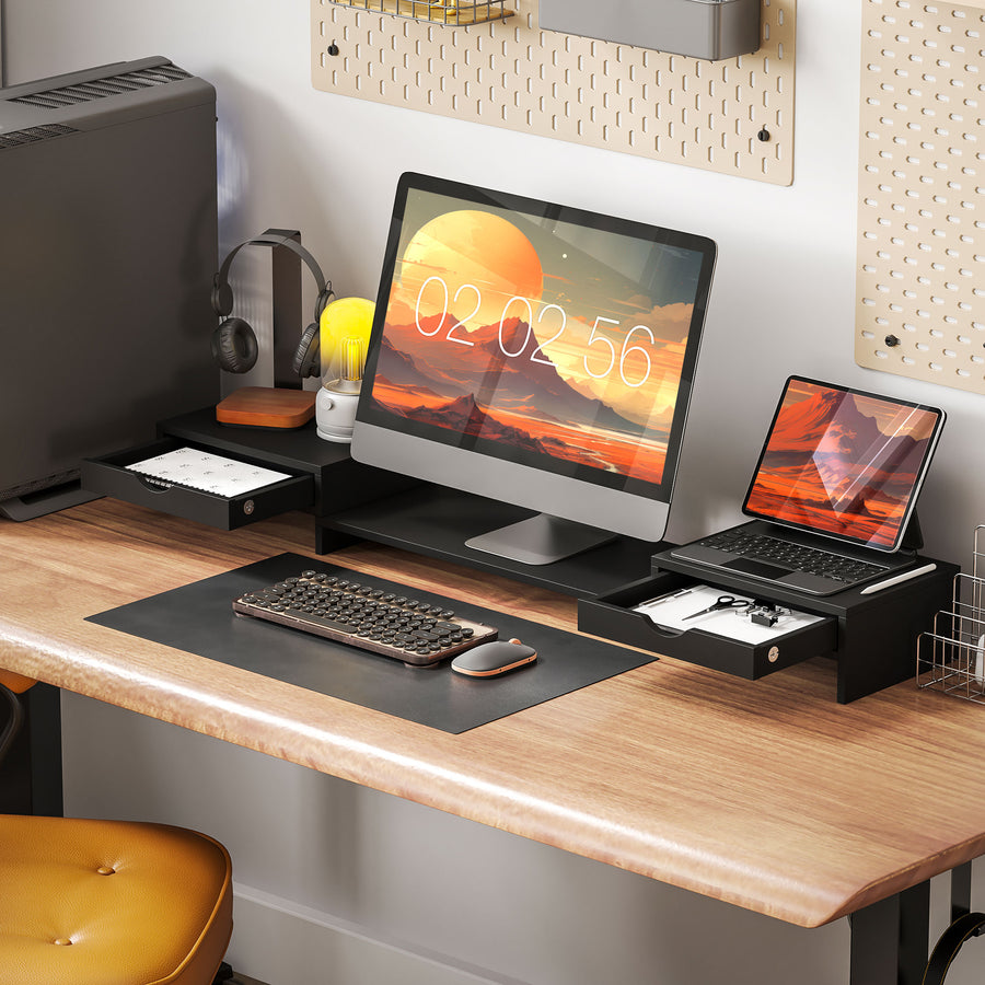Dual Monitor Stand Riser with 2 Drawers, Adjustable Length and Angle, 116cm Monitor Riser for Laptop, Computer, PC, Small Printer, Black