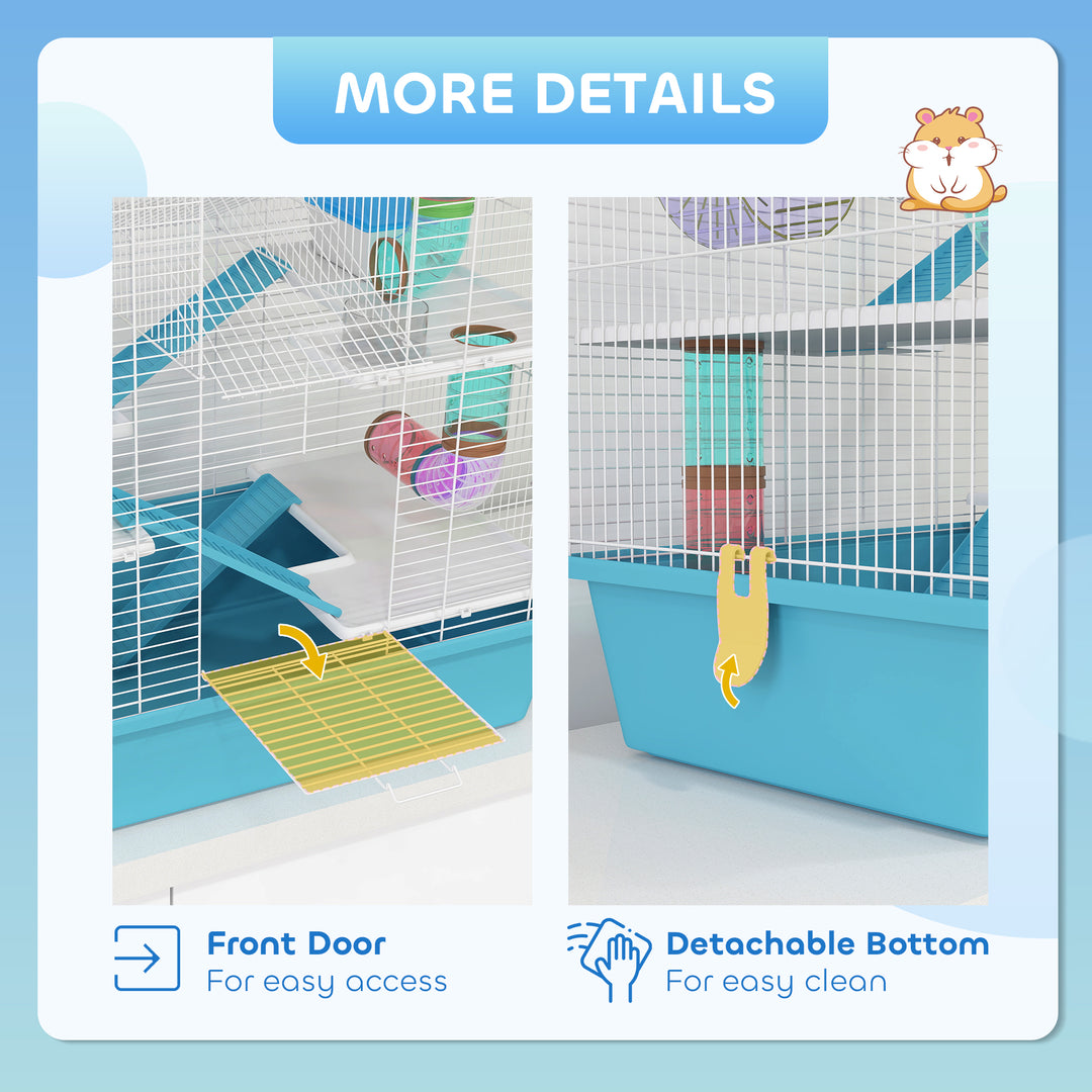 4 Tier Hamster Cage w/ Tubes, Exercise Wheel, Hut, Water Bottle, Food Dish, Ramps, for Dwarf Hamster, Light Blue