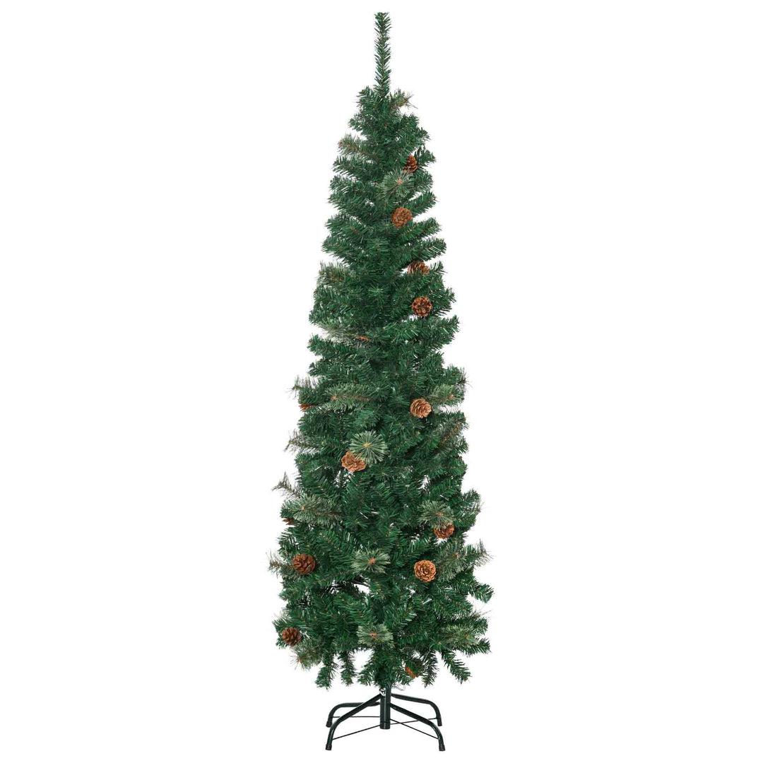 5.5FT Tall Pencil Slim Artificial Christmas Tree with Realistic Branches, Tip Count and Pine Cones, Pine Needles Tree, Xmas Decoration, Green