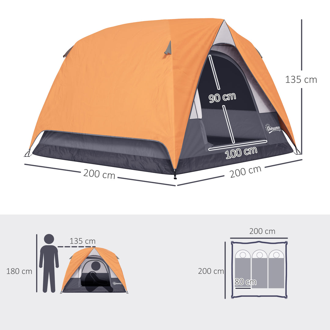 3-4 Person Camping Tent, Easy Set Up Waterproof Dome Tent with Sewn-in Groundsheet, Mesh Windows, Pocket and Hook for Camping, Hiking, Backpacking, Orange and Grey