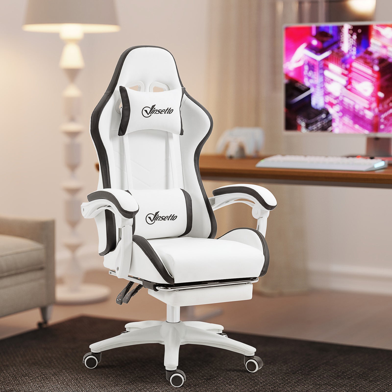 Computer Gaming Chair, PU Leather Office Desk Chair with Footrest, Swivel Wheels, 135° Reclining Back, Lumbar Support, Headrest for Home, White and Black