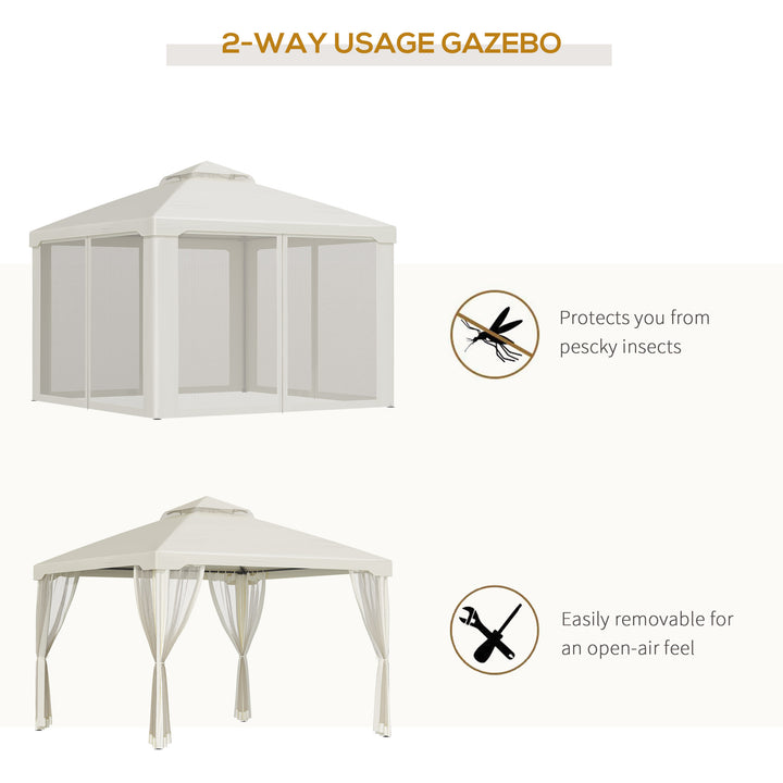 MCL 3 x 3 m Metal Gazebo, Garden Pavillion, Double Roof Outdoor Canopy Shelter with Mesh Sidewalls, Cream White