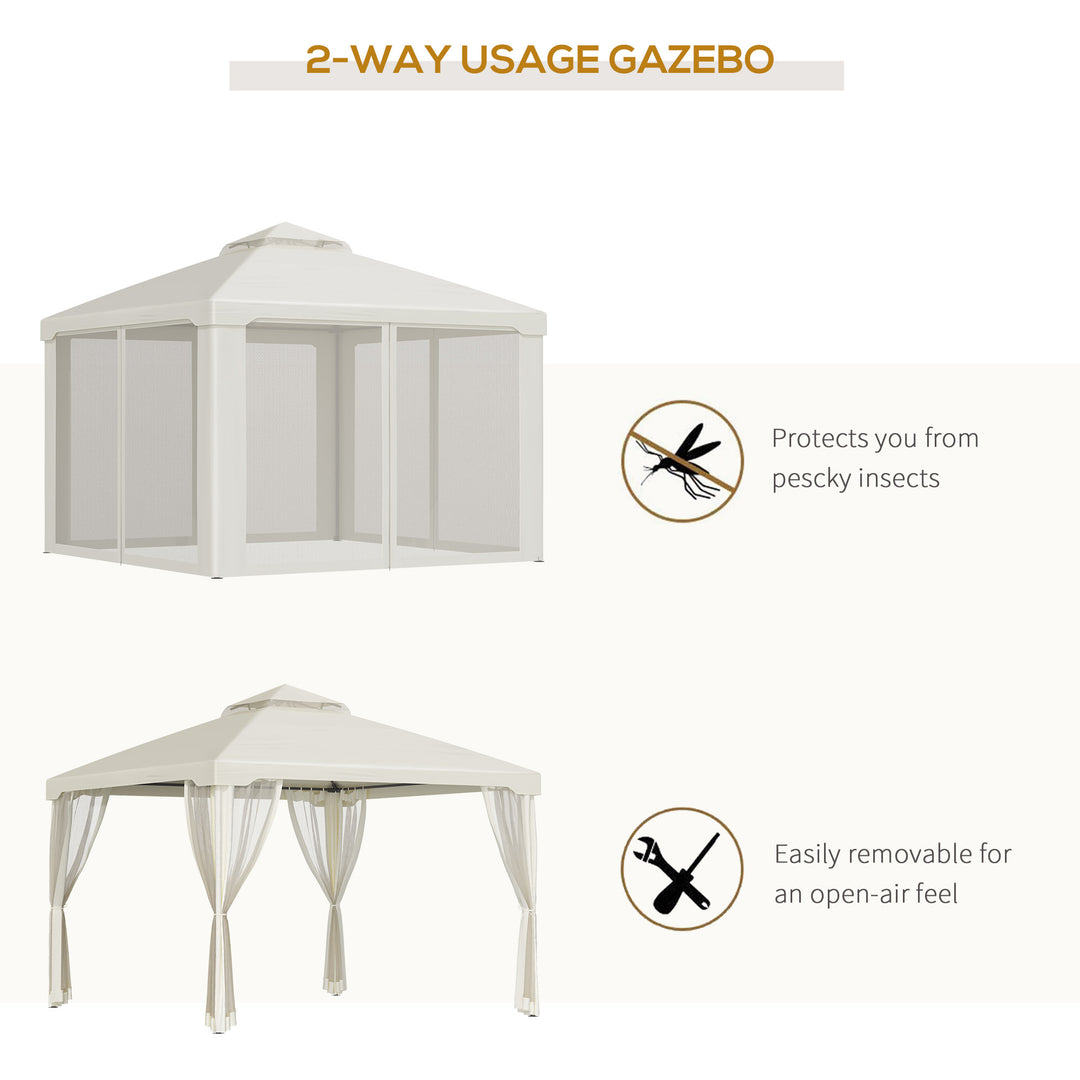 3 x 3 m Metal Gazebo, Garden Pavillion, Double Roof Outdoor Canopy Shelter with Mesh Sidewalls, Cream White