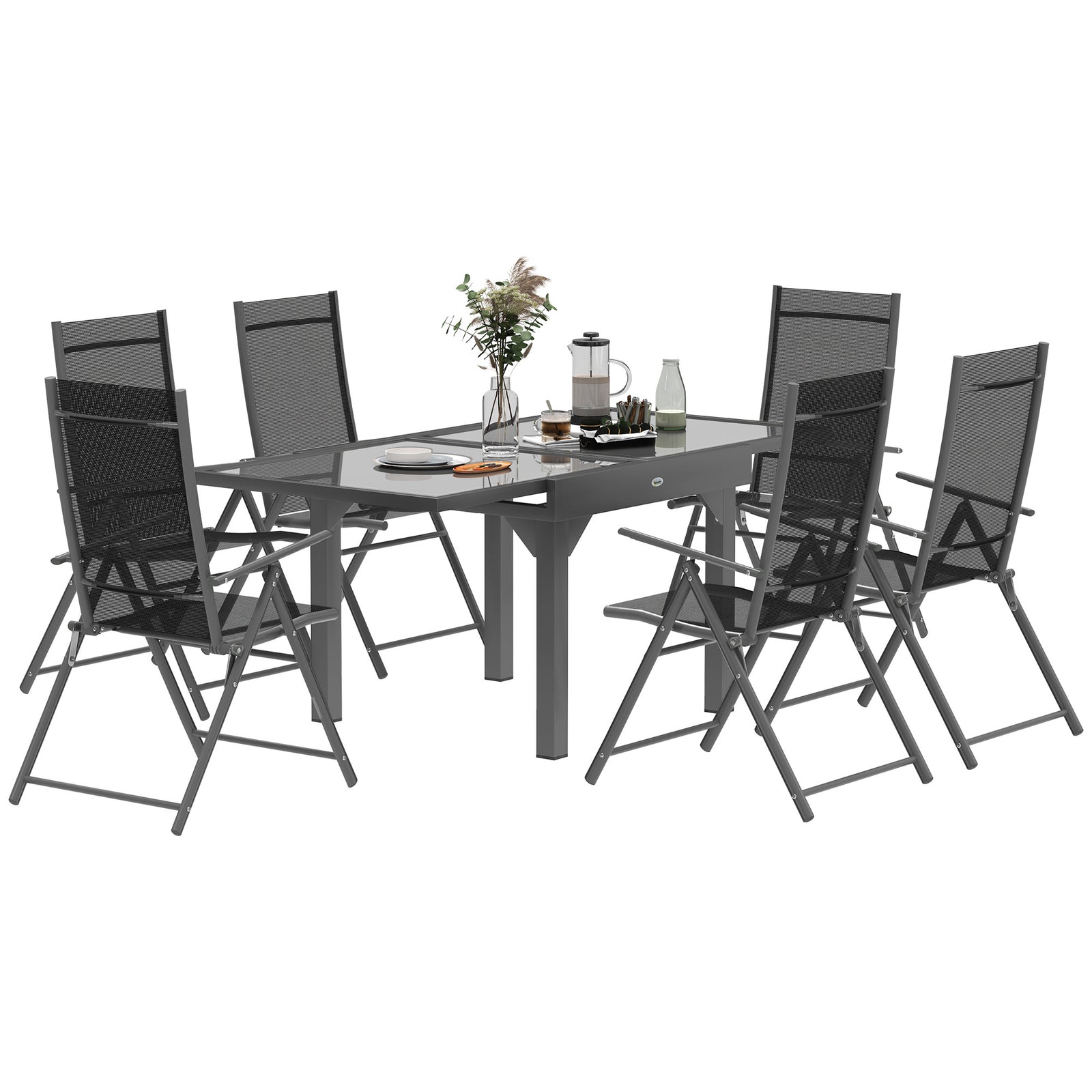 7 Piece Outdoor Dining Set with Extendable Table and 6 Folding Chairs for Patio, Balcony, Deck, Grey