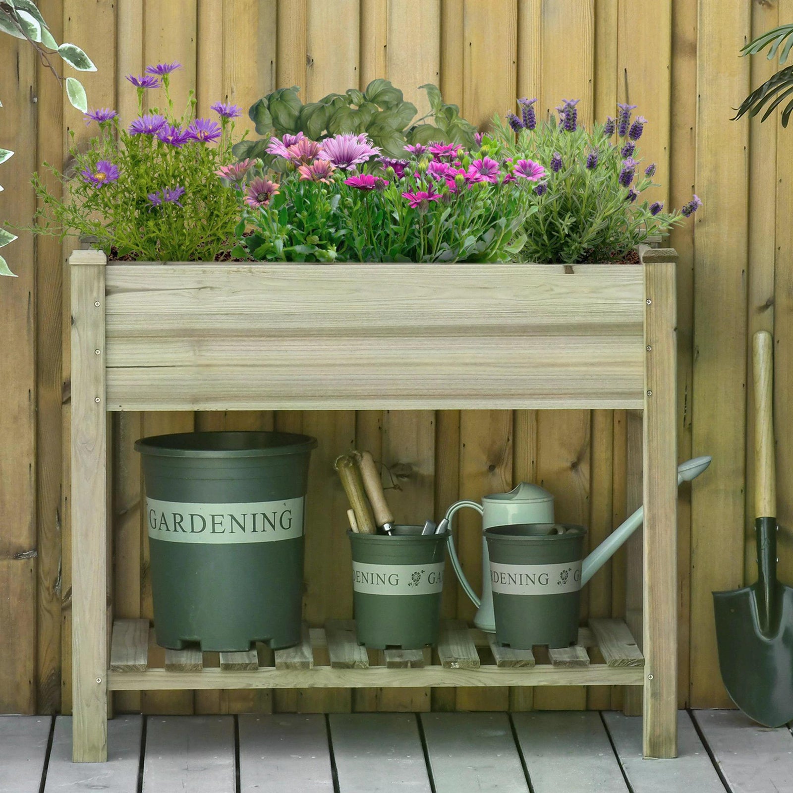 Garden Wooden Planters， Raised Garden Bed with Legs and Storage Shelf Elevated Wooden Planter Box
