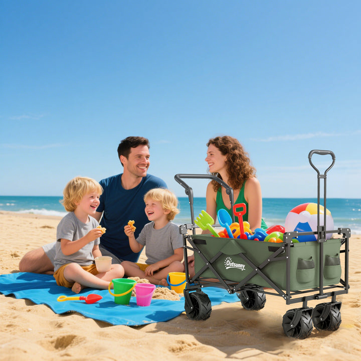 Folding Trolley Cart Storage Wagon Beach Trailer 4 Wheels with Handle Overhead Canopy Cart Push Pull for Camping, Green