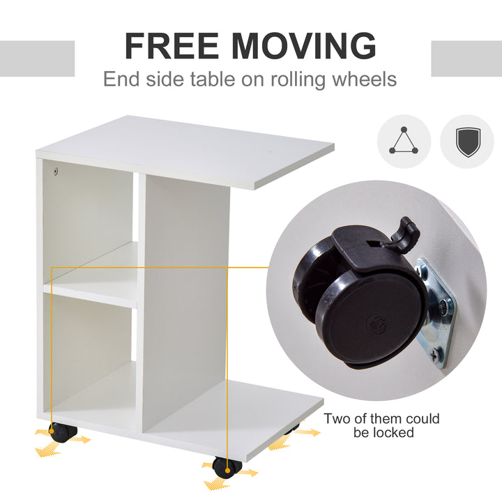 C-Shape End Table Unique Storage Unit w/ 2 Shelves 4 Wheels Freestanding Home Furniture Cabinet Square White