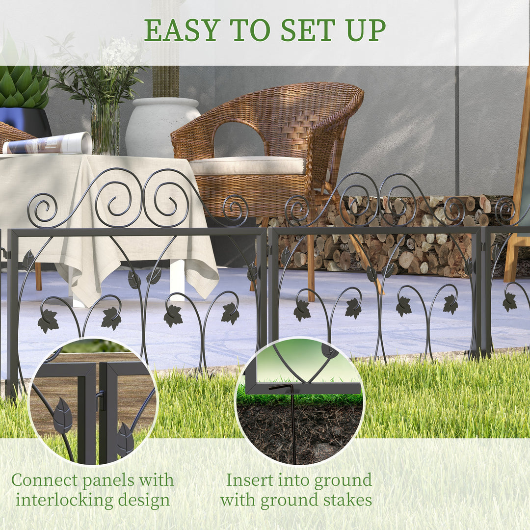 Set of Four 57cm Leaf Scroll Metal Fence Panels - Black