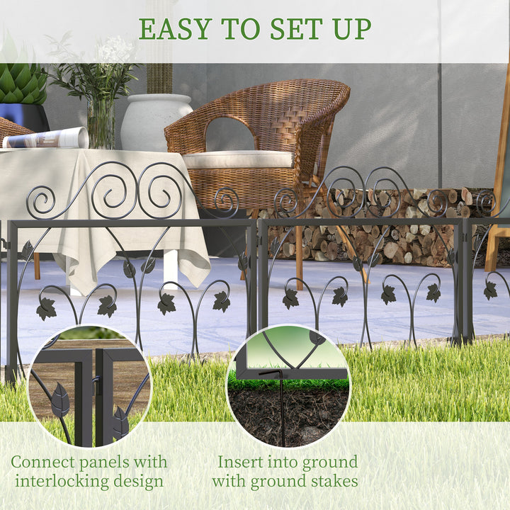Set of Four 57cm Leaf Scroll Metal Fence Panels - Black