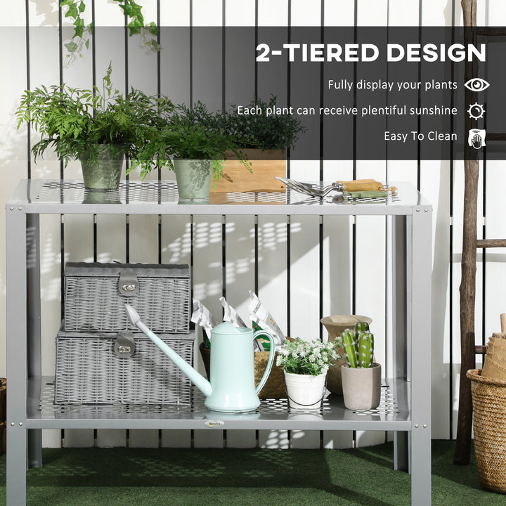 2-Tier Plant Stand, Corner Plant Shelf for Outdoor and Indoor Storage Organizer, Freestanding Flower Rack with Steel Frame, Mesh Board, Silver