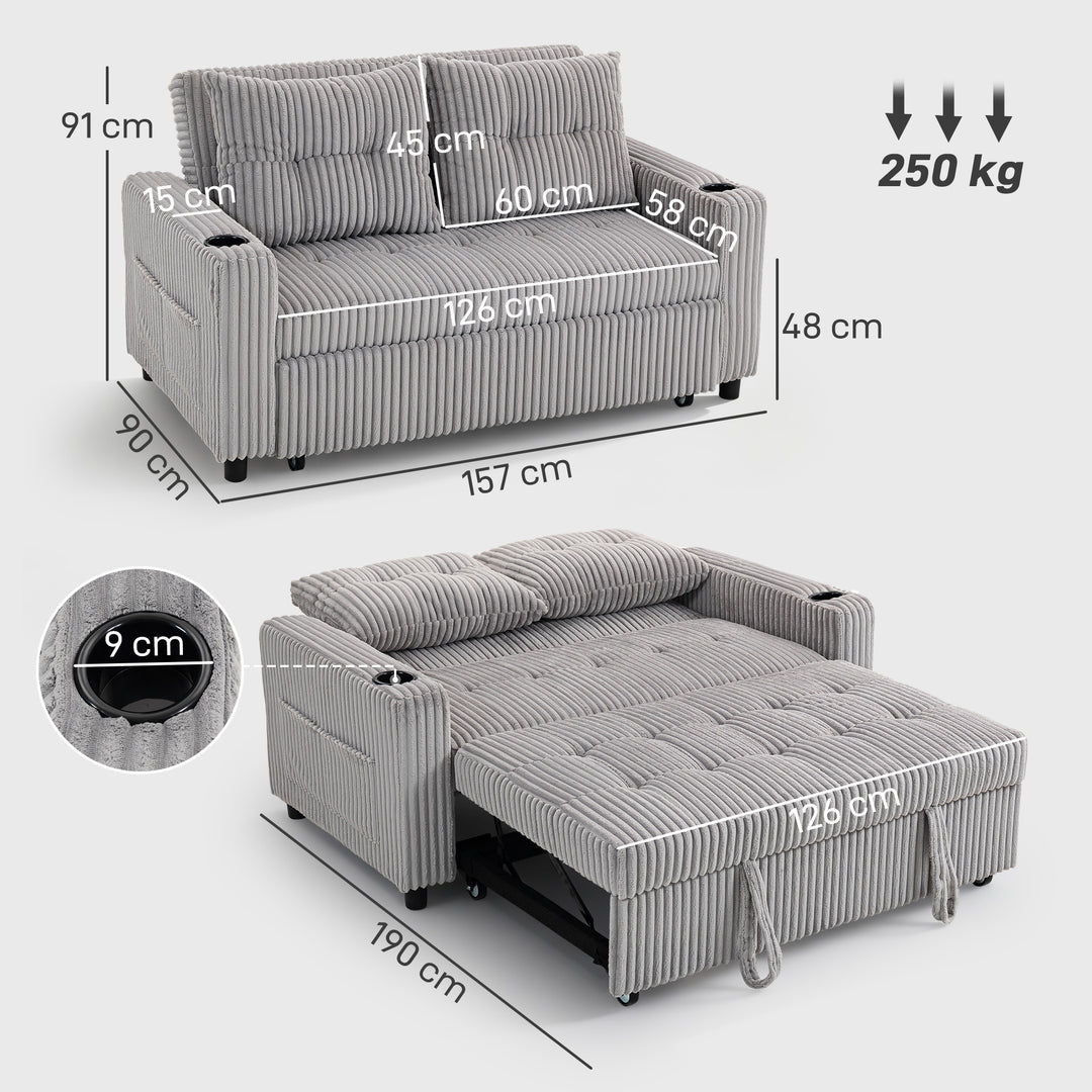MCL 2 Seater Click Clack Sofa Bed with Pull Out Design, Corduroy Upholstery - Light Grey
