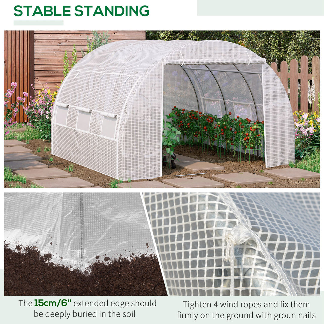 3 x 3 x 2 m Polytunnel Greenhouse with Roll-up Side Walls, Walk-in Grow House Tent with Steel Frame, Reinforced Cover, Zipped Door and 6 Mesh Windows for Garden, White