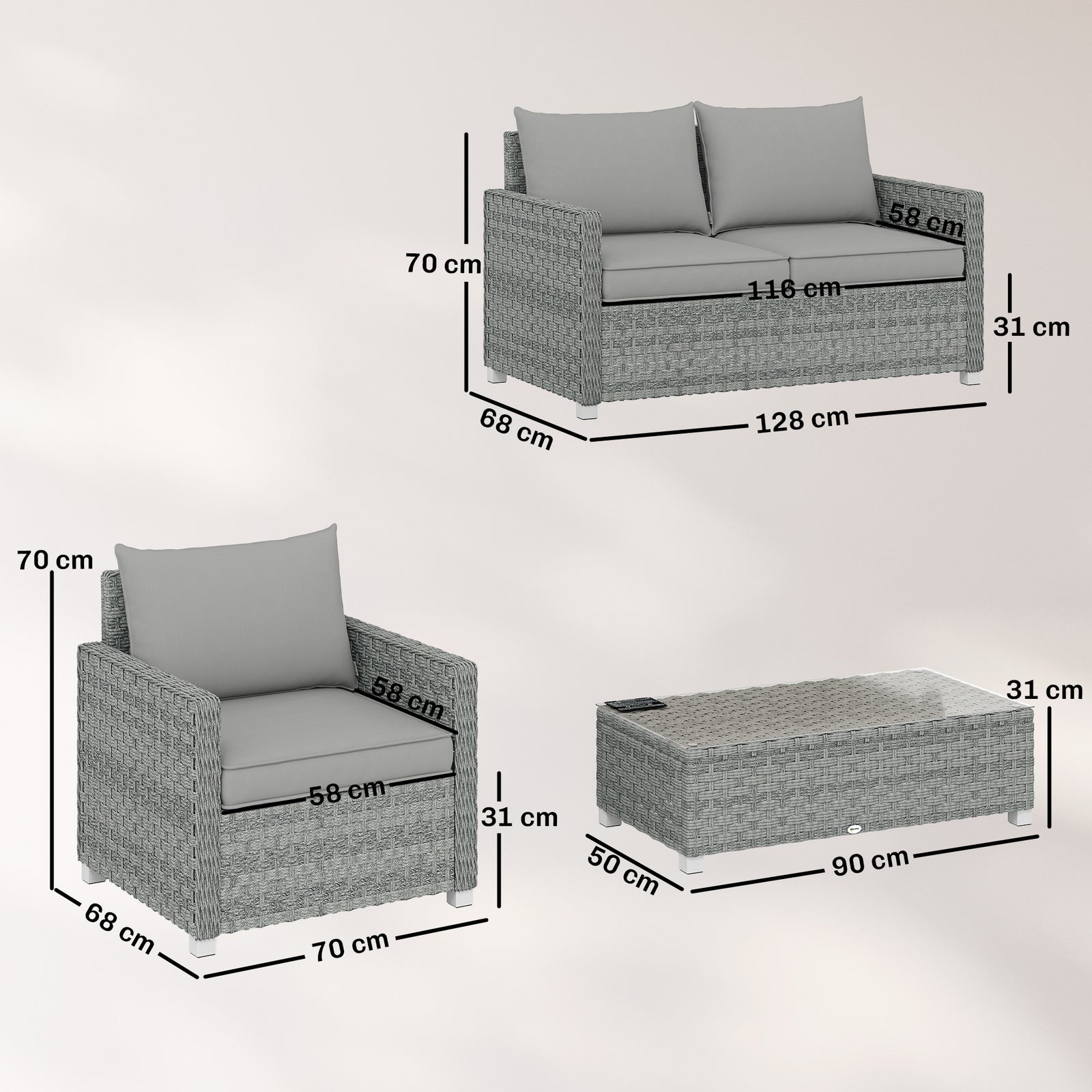 4 Piece Rattan Garden Furniture Set with Loveseat, 2 Armchairs, Glass-