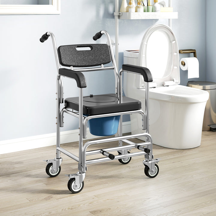 Transport Beside Shower Chair, 3-in-1 Commode Chair with Wheels and Pa