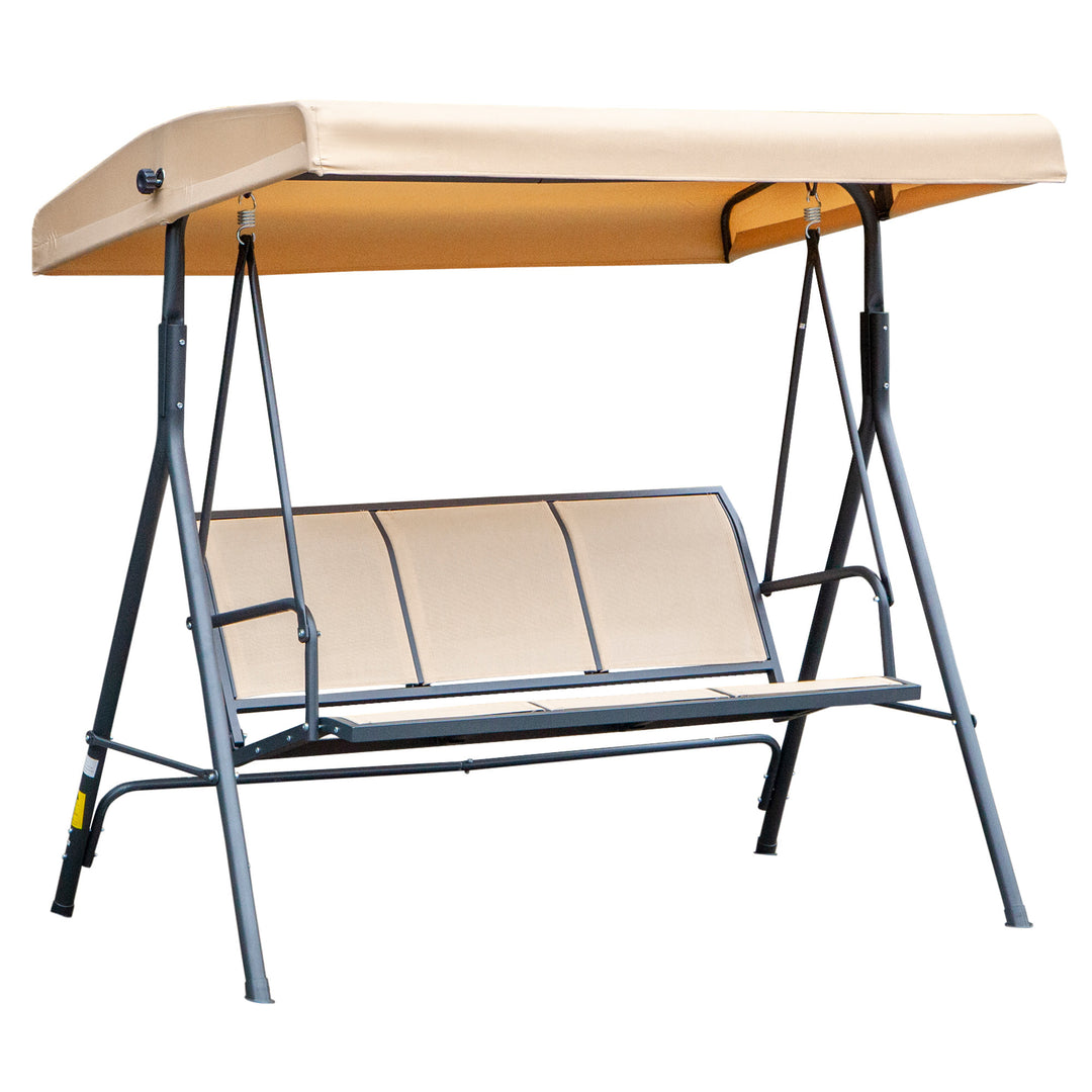 3 Seater Swing Chair, Garden Swing Bench with Canopy, Breathable Mesh Seat and Heavy Duty Steel Frame for Patio, Yard, Beige