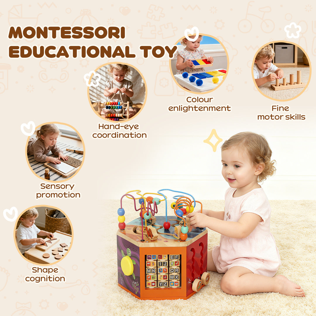 MCL Wooden Activity Cube, Baby Toys with Bead Maze, Pattern Sorter for Toddlers Boys and Girls 18+ Months