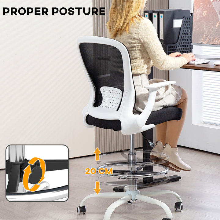 Draughtsman Chair, Mesh Drafting Chair, Ergonomic Office Chair with Flip-up Armrest, Adjustable Foot Ring, Black White