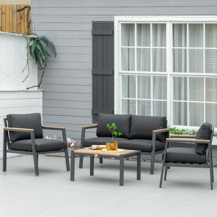 4 Piece Garden Sofa Set with Padded Cushions, 4-Seater Aluminium Outdoor Conversation Furniture Set with Coffee Table, Grey