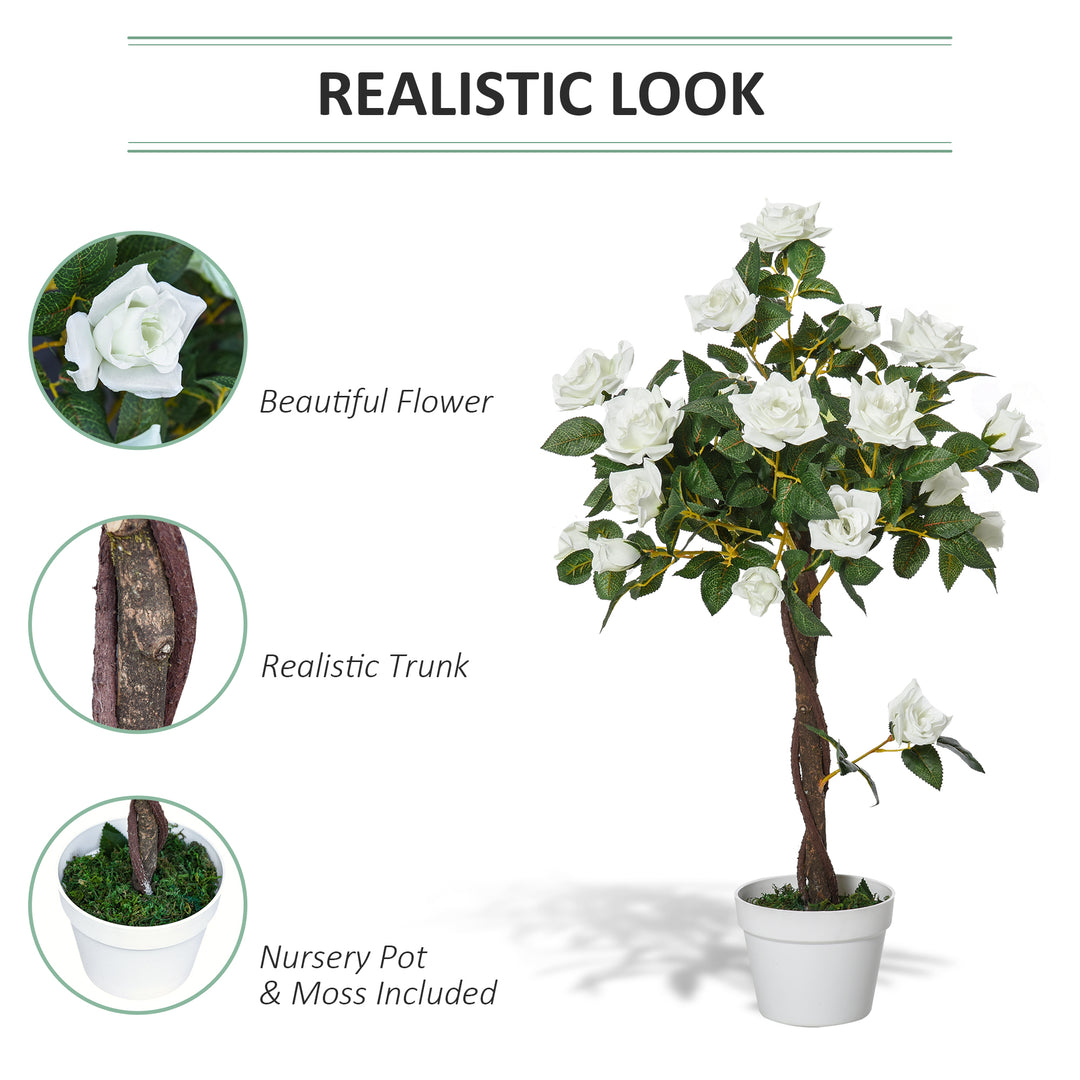 Artificial Plants White Rose Floral in Pot, Fake Plants for Home Indoor Decor, 90cm