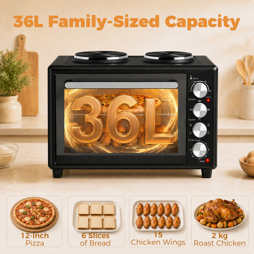 36L Mini Oven with Dual Hot Plates, Electric Countertop Cooker with Co