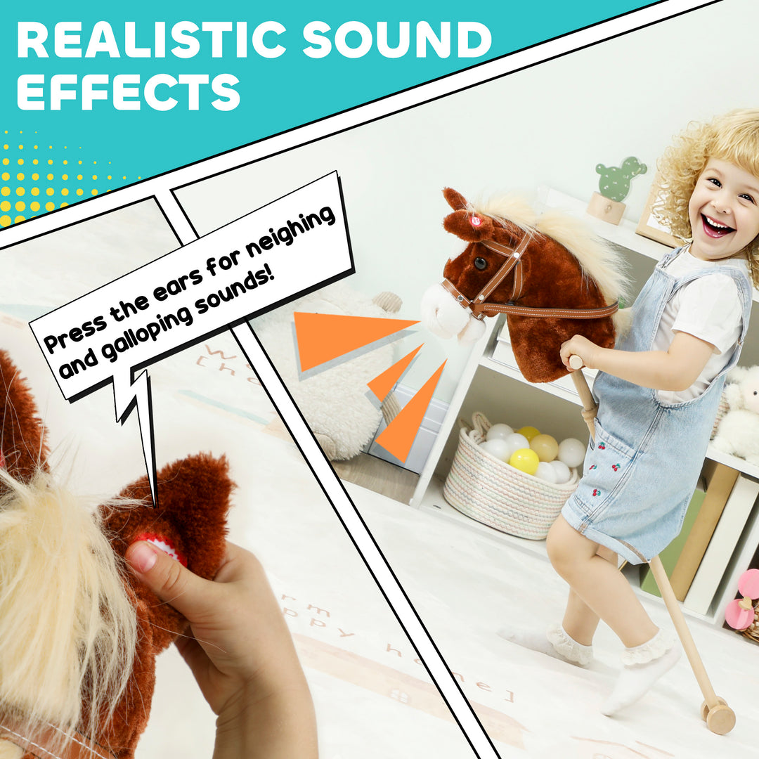 Stick Horse with Wood Wheels, Real Pony Neighing and Galloping Sounds, Grip Handle, 95 cm