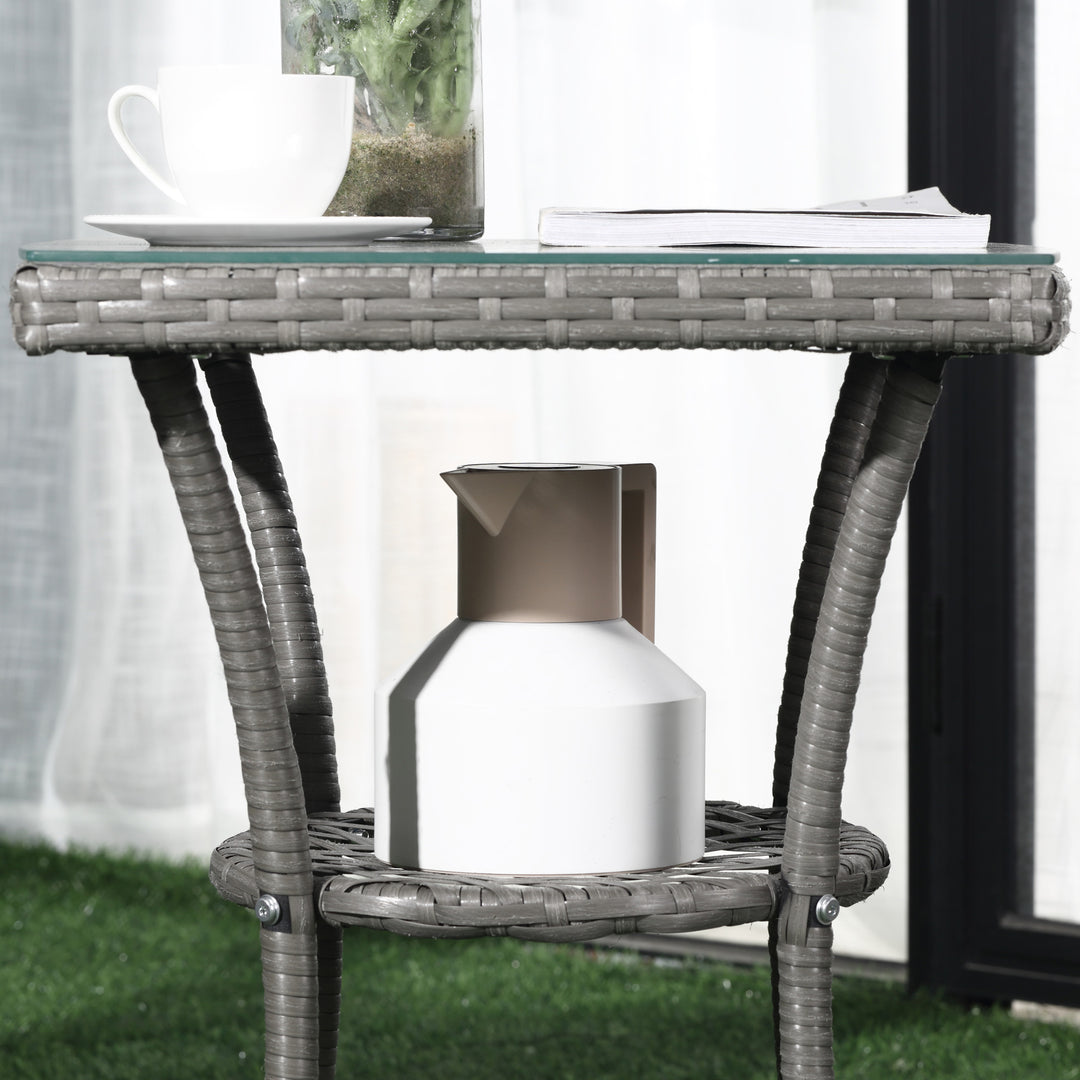 MCL 3 Pieces Rattan Bistro Set, Wicker Garden Furniture Set with 2-Tier Coffee Table and Chairs, Washable Cushions, for Outdoor Patio Balcony, Grey