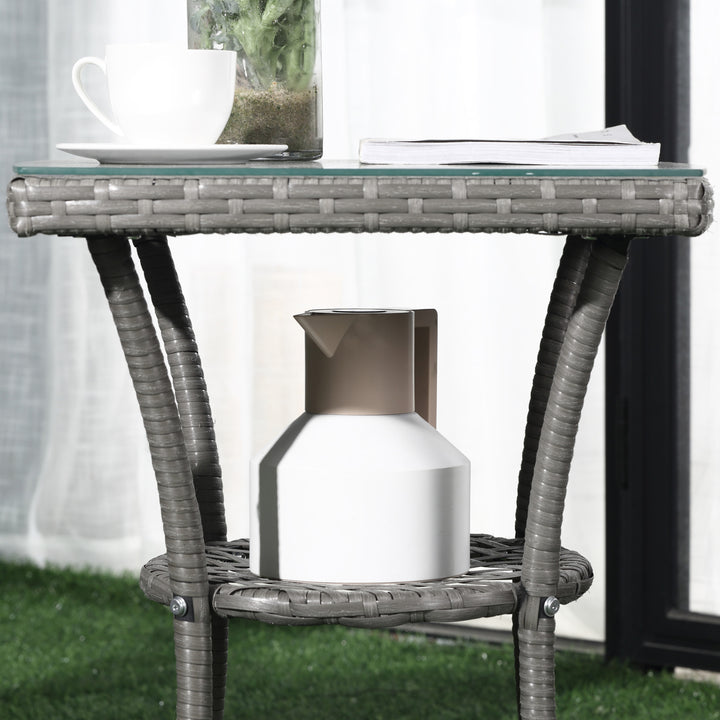 MCL 3 Pieces Rattan Bistro Set, Wicker Garden Furniture Set with 2-Tier Coffee Table and Chairs, Washable Cushions, for Outdoor Patio Balcony, Grey