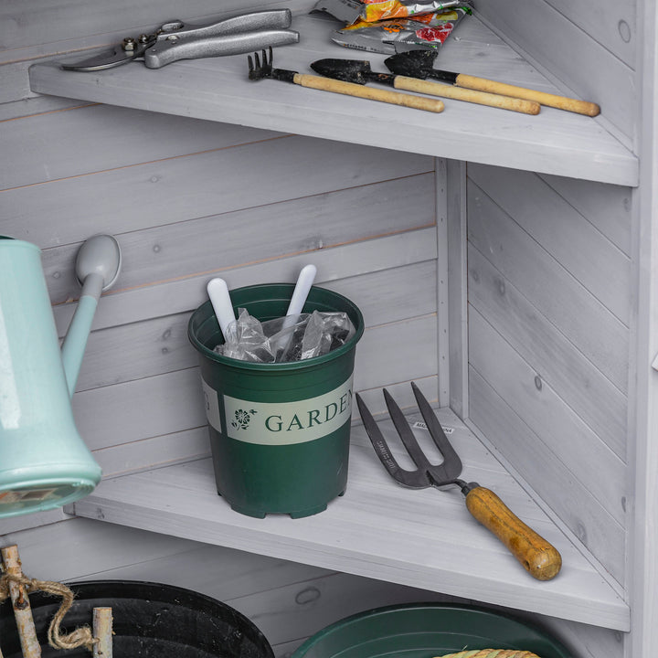 Wooden Garden Shed, Outdoor Storage Cabinet with 2 Shelves and Hooks, Locking Organiser Outdoor Narrow Tool House, 74x55x155cm, Grey