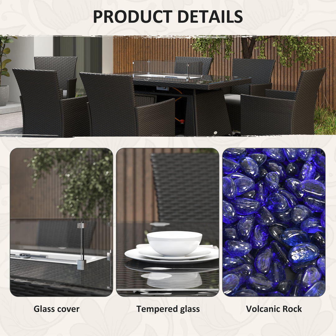 7 Pieces Outdoor Rattan Garden Furniture with Fire Pit Table, 6 Seater Garden Table and Chairs with Cushions, Rattan Dining Set with Propane Heater Table, Windscreen, 50,000 BTU, Black