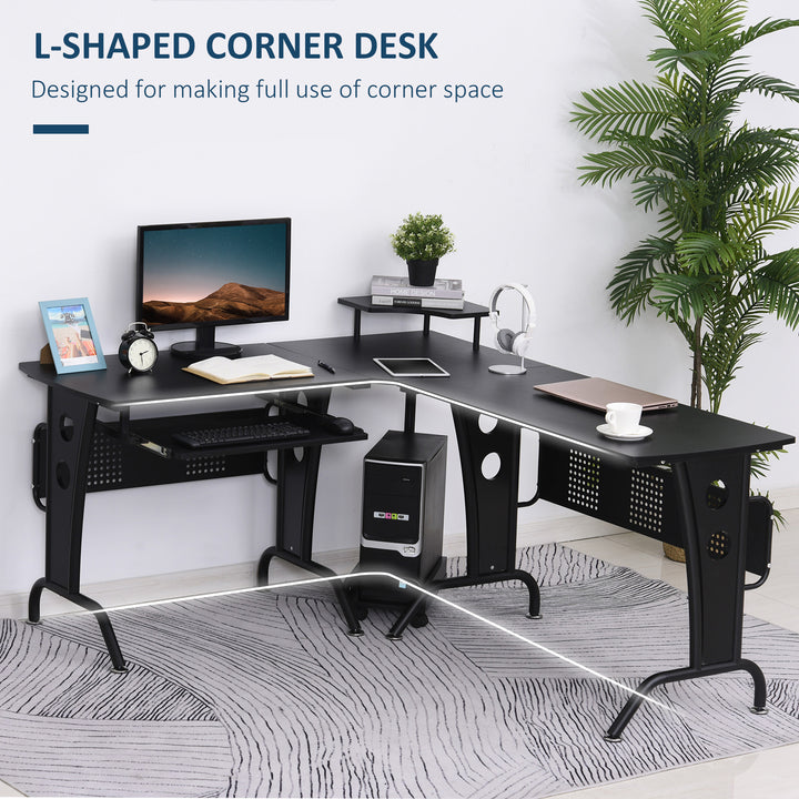 HOMCOM L-Shaped Corner Work Desk Gaming Office w/ Steel Frame CPU Rack Keyboard Tray Space-Saving Melamine Coating Computer, Black | Aosom UK