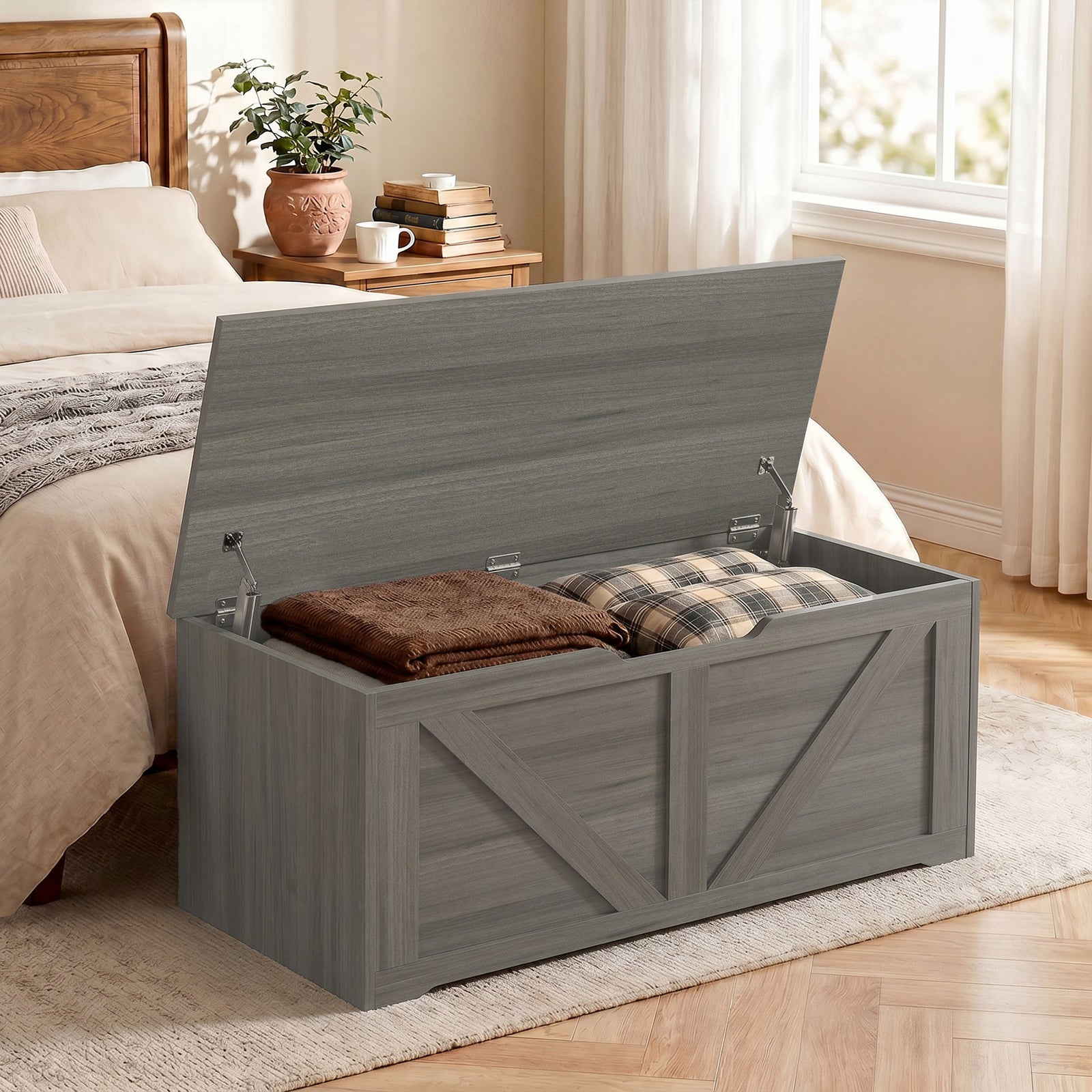 127L Home Storage Box, with Safety Hinges - Dark Grey Wood-Effect