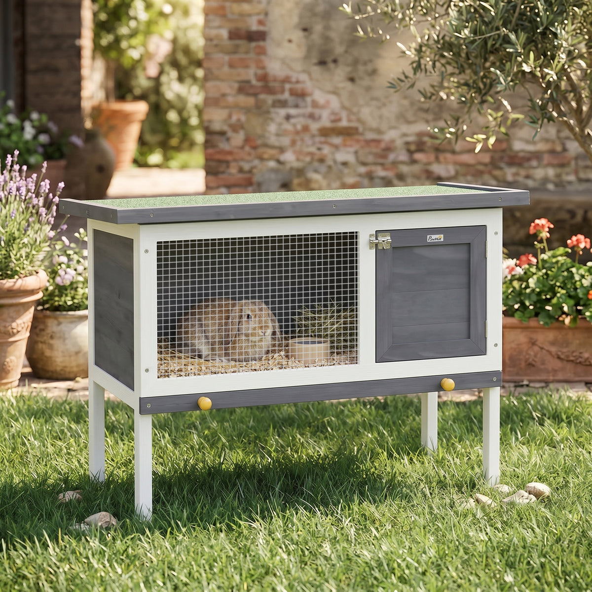 Wooden Rabbit Hutch, Guinea Pig Hutch with Asphalt Roof, Outdoor Eleva