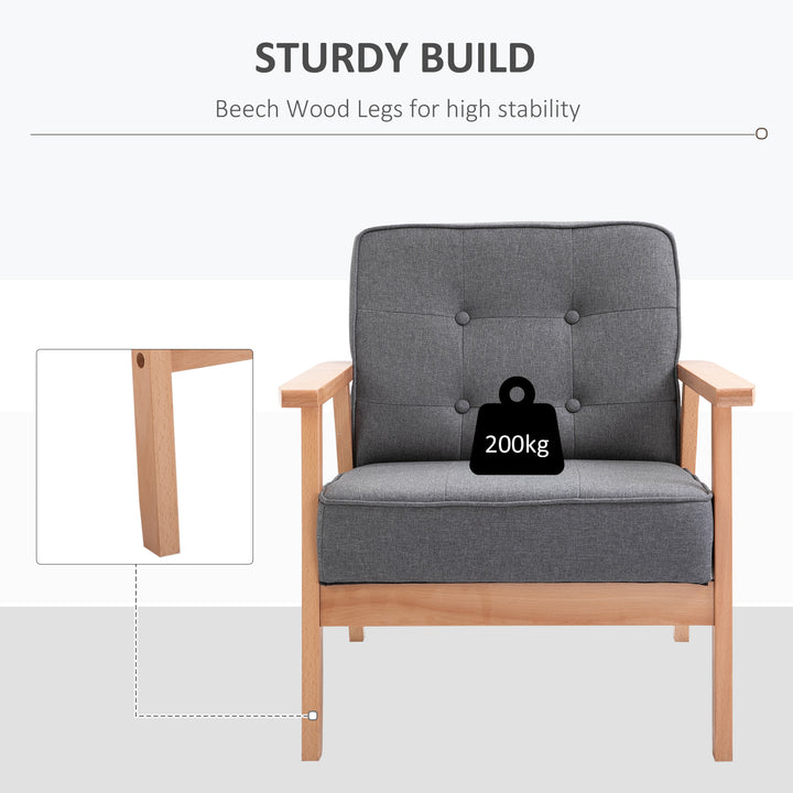Armchair, Linen Fabric Accent Chair, Occasional Chair with Beech Wood Frame for Living Room, Reception, Bedroom, Balcony, Set of 2, Grey and Natural
