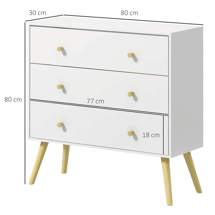 HOMCOM Chest of Drawers, 3-Drawer White Storage Organiser Unit with Wood Legs for Bedroom, Living Room