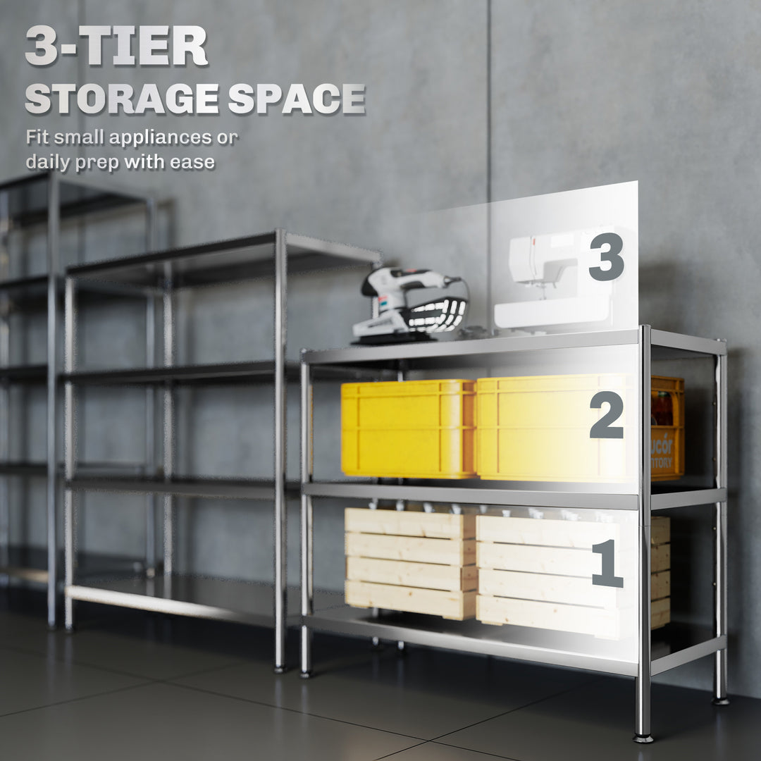 HOMCOM 3-Tier Bakers Rack with Storage, Stainless Steel Microwave Stand with Adjustable Shelves for Small Spaces, Kitchen Storage Unit for Spices, Pots and Pans, Silver Tone