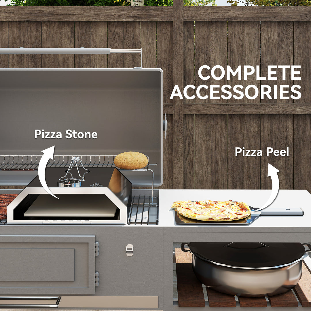 8 in Portable Stainless Steel BBQ Grill Top Pizza Oven with Built-in Thermometer and Viewing Window for Gas and Charcoal BBQ Grills, Includes Carry Handles, Pizza Stone and Peel, Silver Tone
