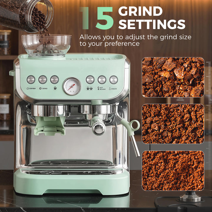 15 Bar Coffee Machine, with Adjustable Grind, Steamer and Accessories 
