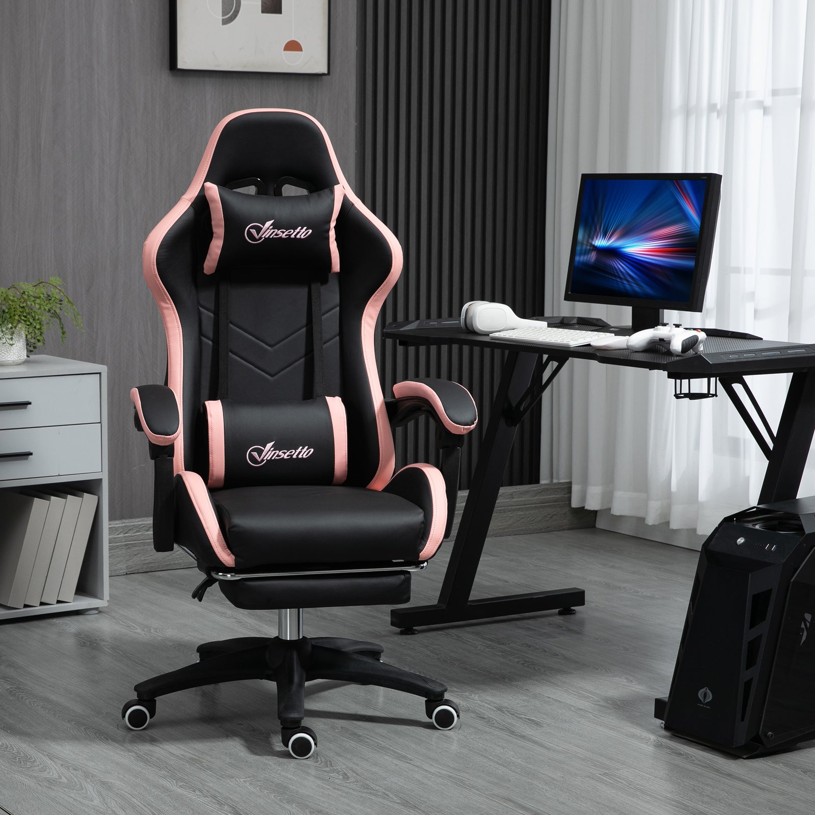 Computer Gaming Chair, PU Leather Office Desk Chair with Footrest, Swivel Wheels, 135° Reclining Back, Lumbar Support, Headrest for Home, Black and Pink